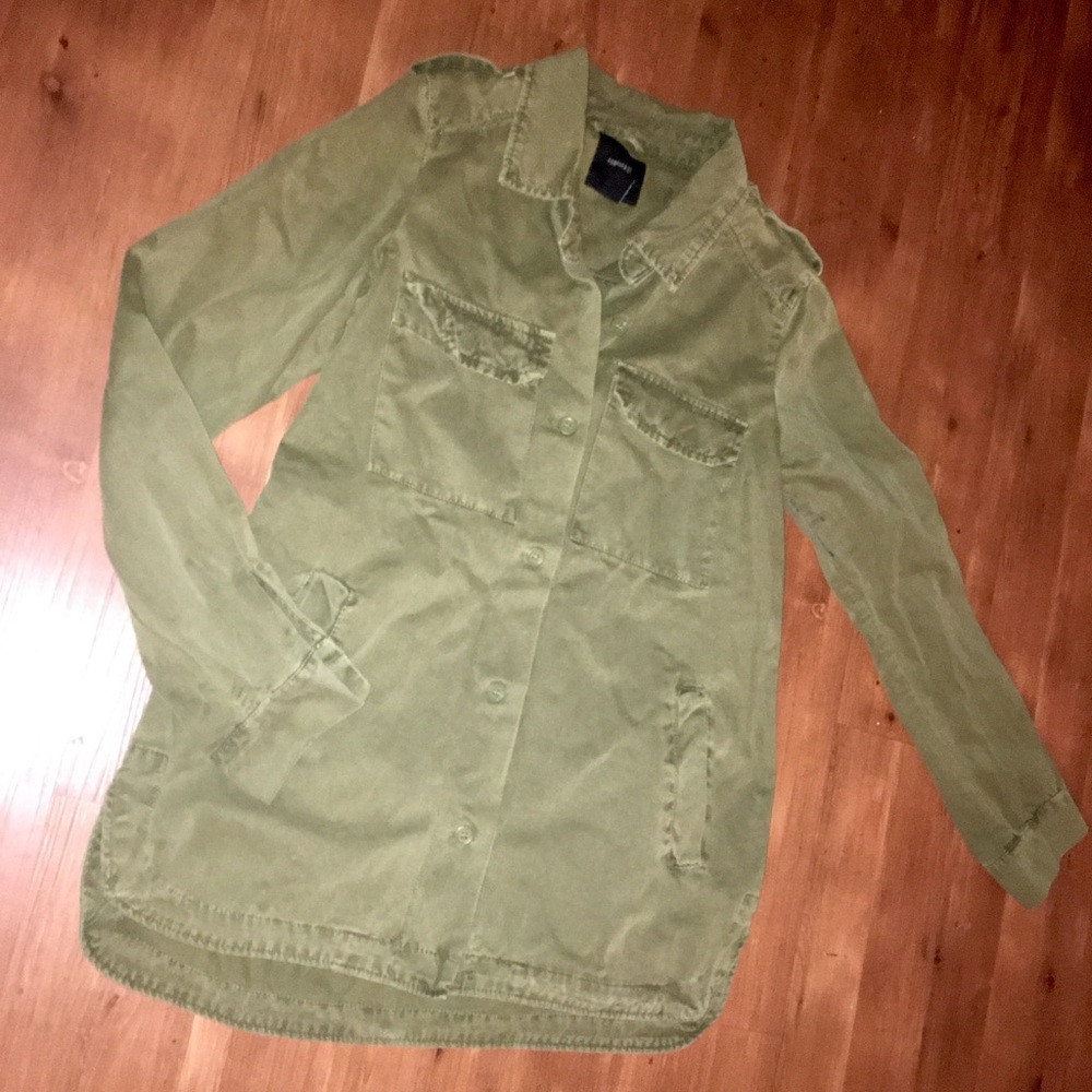 Forever 21 Olive Green Utility Jacket with White Graphic Text - Picture 2 of 8
